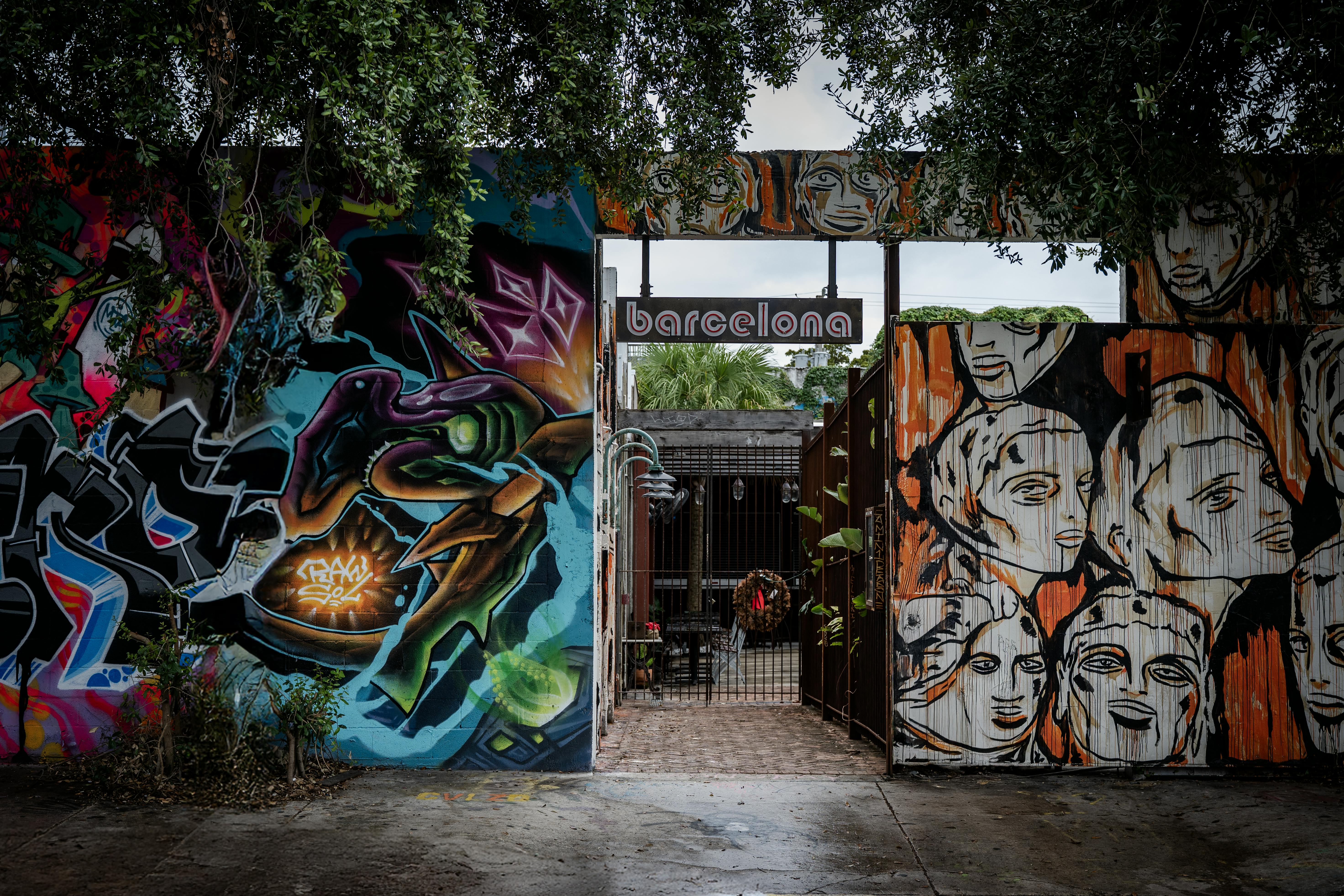 Explore colorful street art murals in a vibrant area of Miami, Florida.
