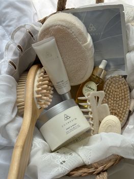 Luxurious spa products displayed in a wicker basket, offering a serene and indulgent experience.