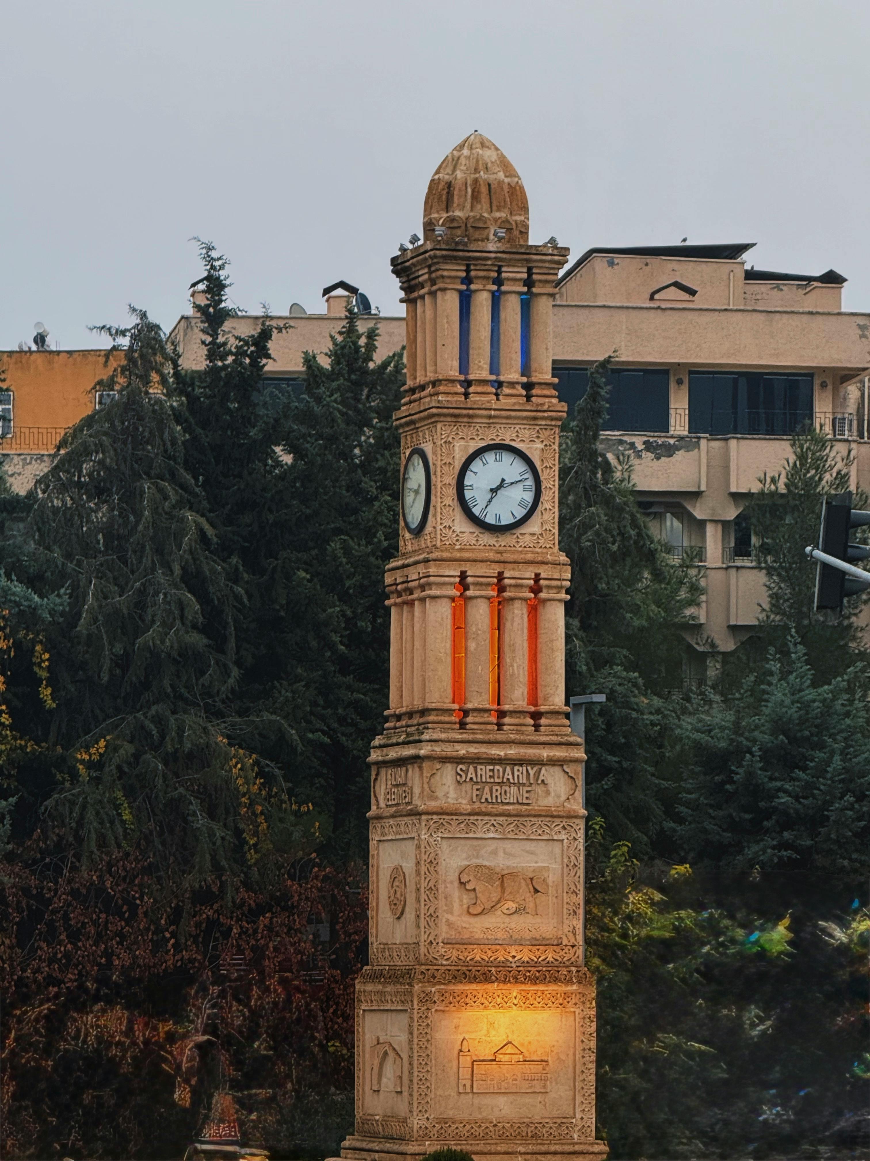 Saeed Razi Carving Tower with clock face amidst urban greenery.