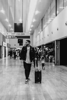 Black and white photo of a man walking with luggage in a bustling airport terminal.