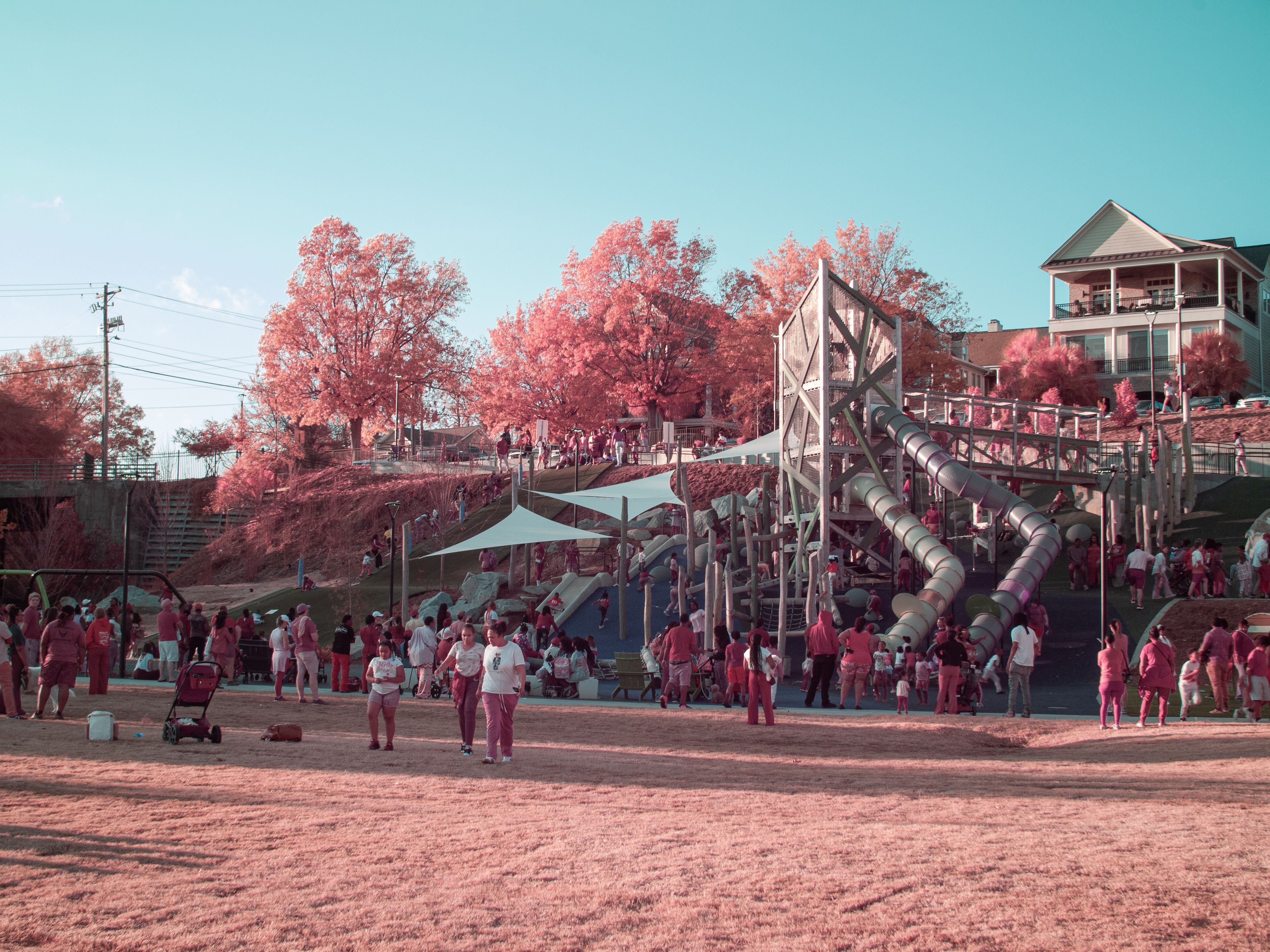 Infrared view of a busy playground in Columbia, SC, with an otherworldly fall atmosphere.