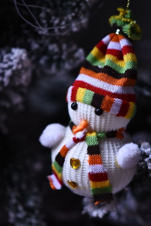 Free Festive knitted snowman ornament with vibrant stripes hanging on a snow-dusted tree. Stock Photo