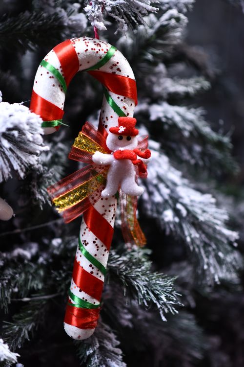 Free Close-up of a candy cane ornament with a snowman decoration on a Christmas tree branch. Stock Photo