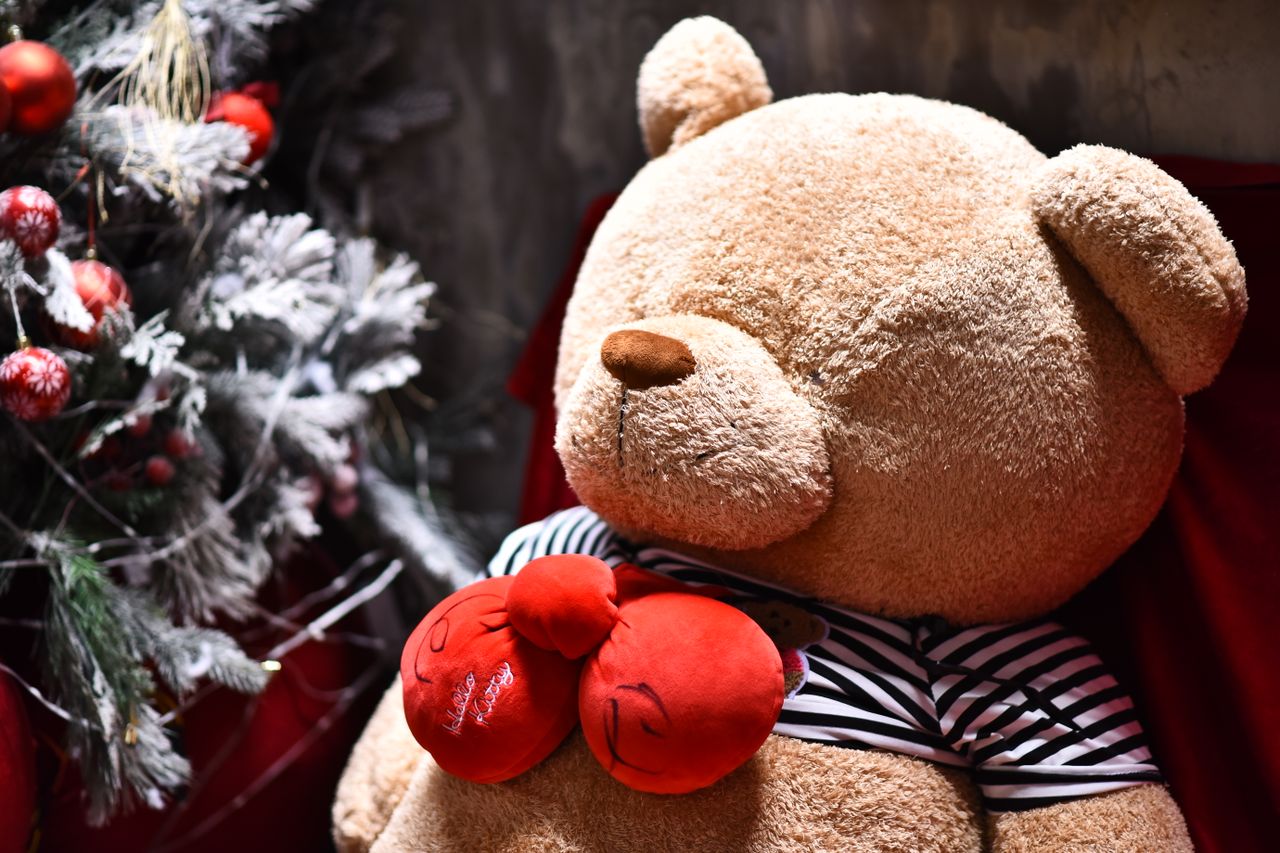 a large teddy bear in a festive setting with christmas decor and ornam