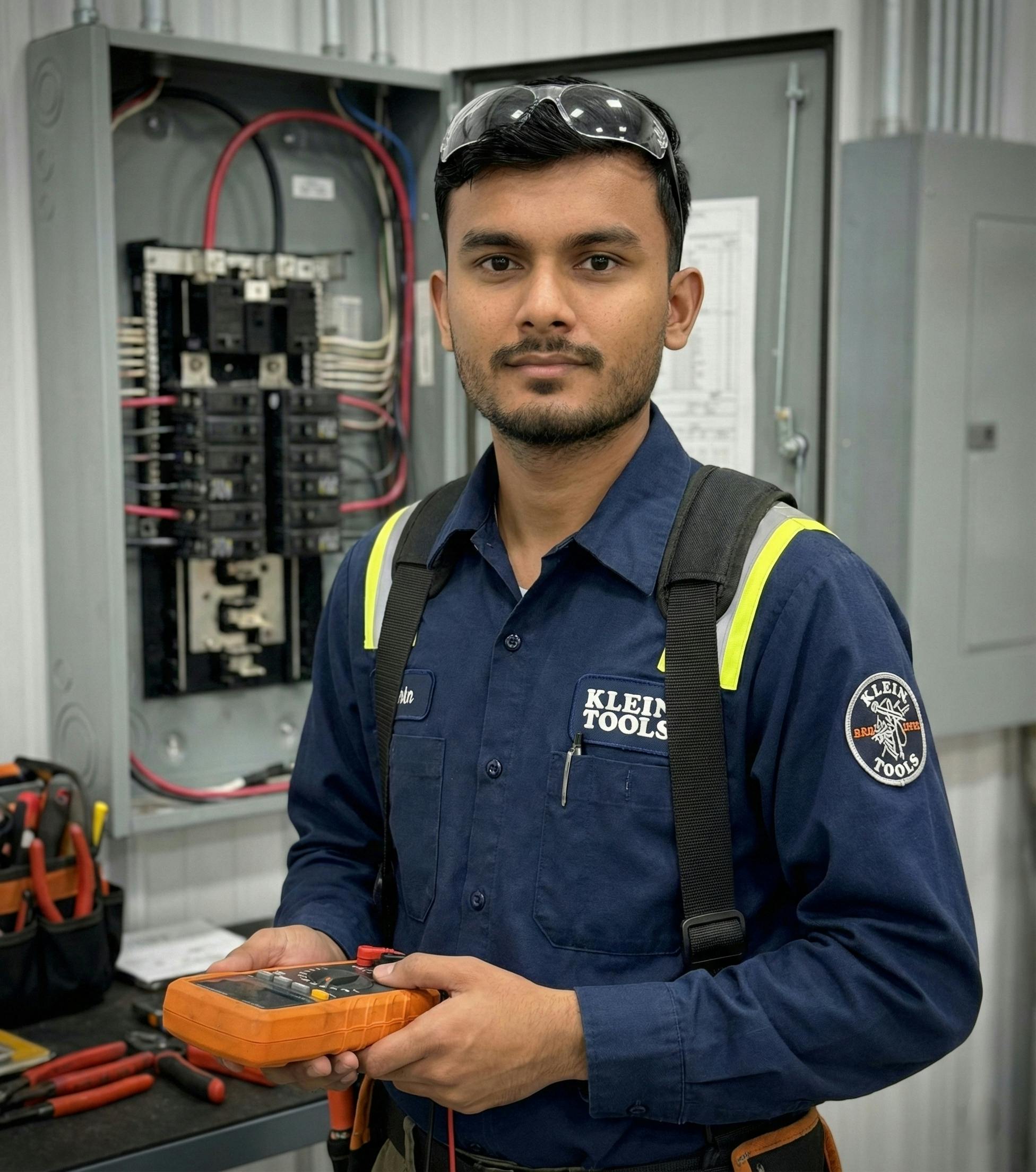 Electrician in safety gear inspecting circuit breakers with a meter.