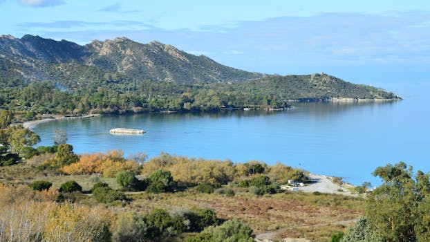 Beautiful coastal landscape of Saint-Florent, Corse, France with mountains and serene seascape.
