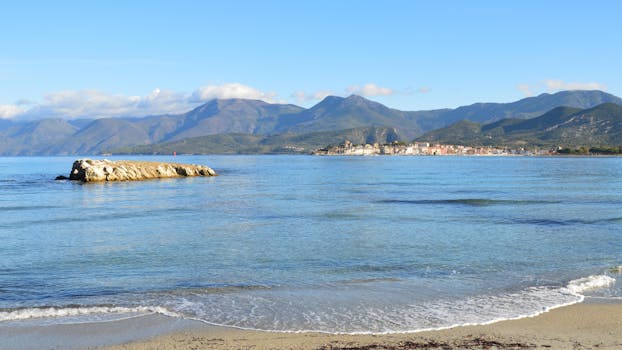 Beautiful beach view in Saint-Florent, Corsica with mountains and blue water.