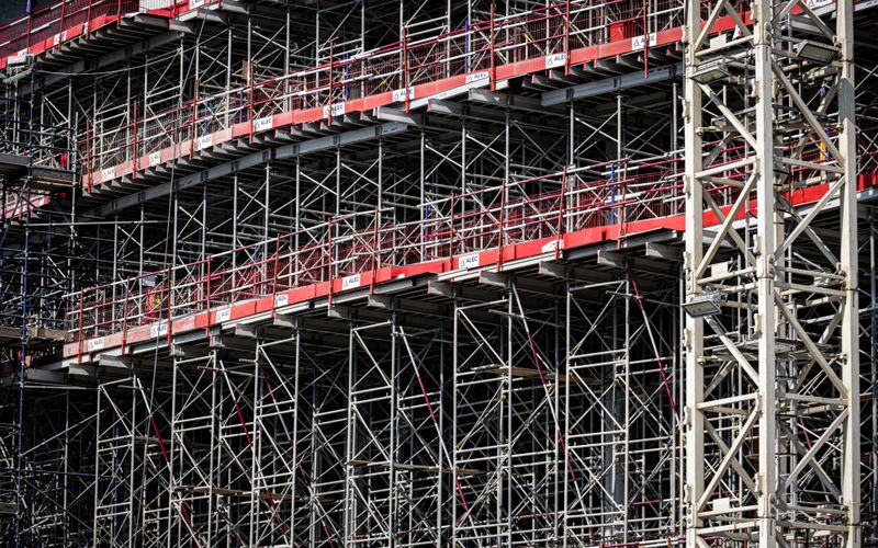 Commercial building renovation with scaffolding