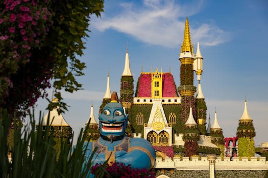 Enchanting garden castle with vibrant flowers and a whimsical blue genie statue under a clear blue sky.