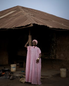 A woman in traditional attire poses in front of a rustic house in Ilorin, Nigeria.