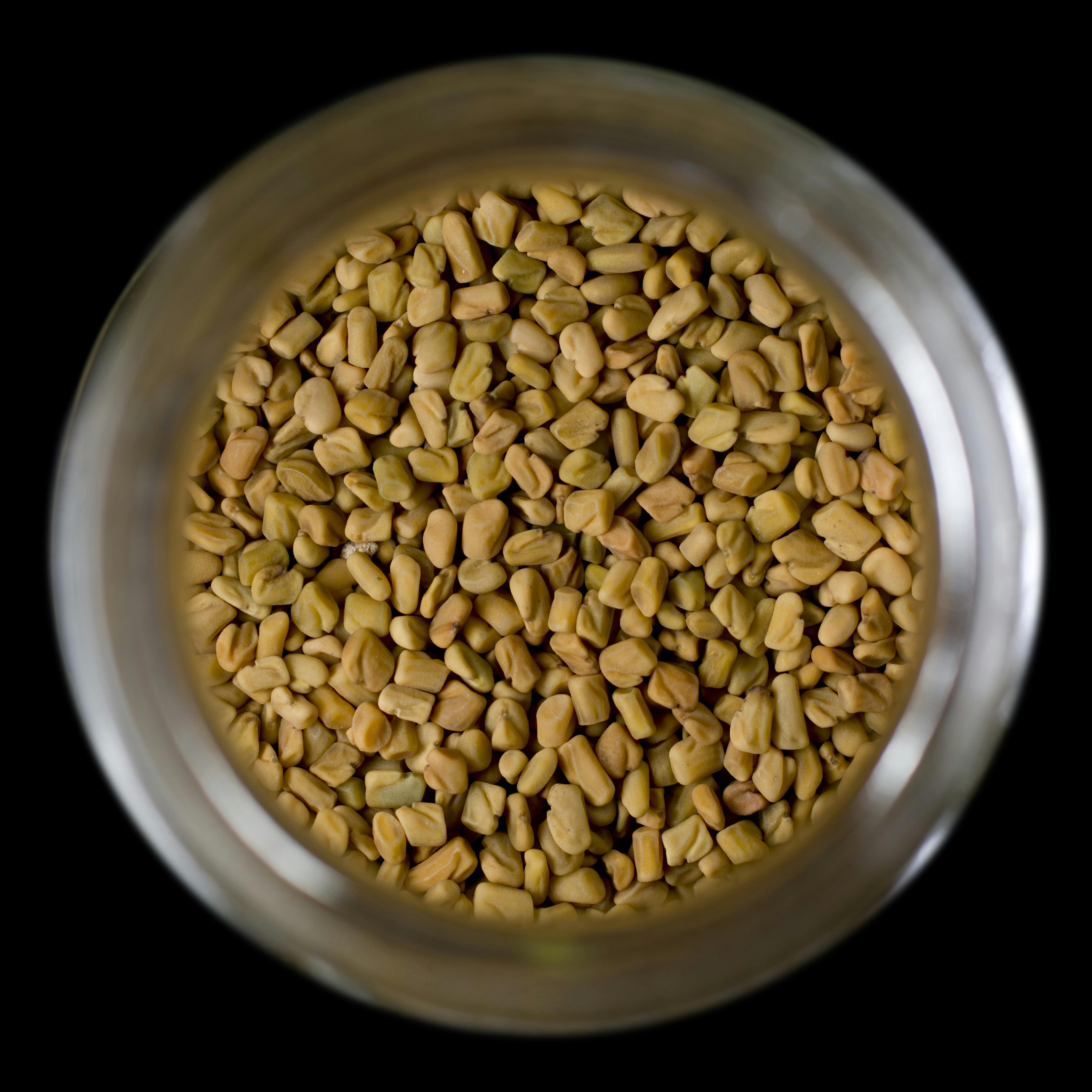 Overhead shot of fenugreek seeds in a jar against a black background, ideal for culinary uses.