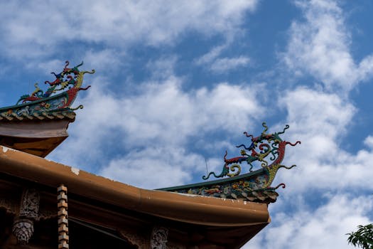 Intricate dragon sculptures adorn the roof of a traditional Asian temple against a blue sky.