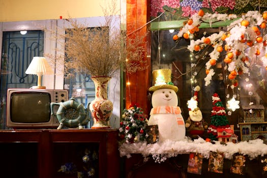 Festive interior featuring vintage decor with a snowman and Christmas ornaments.
