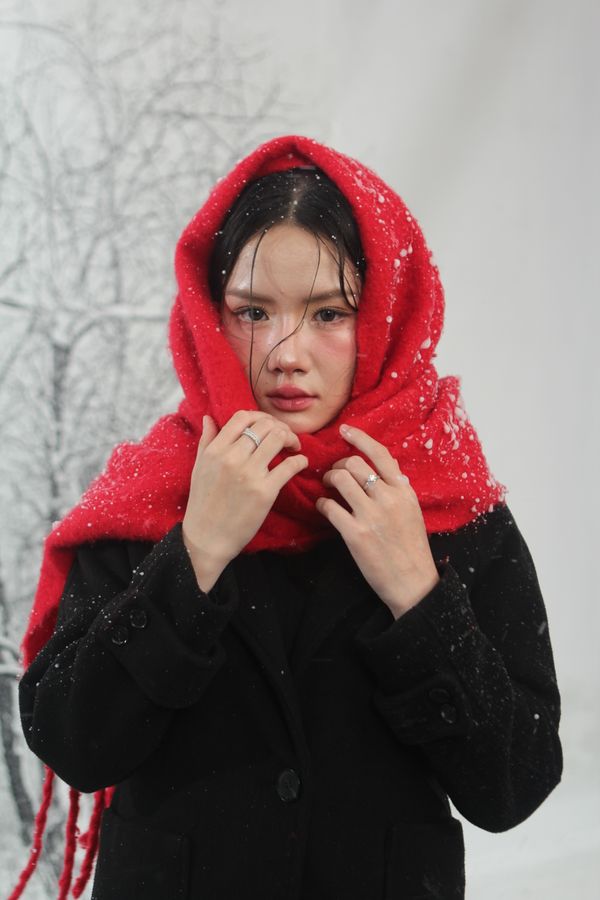 Red Cashmere Scarf and Black Coat