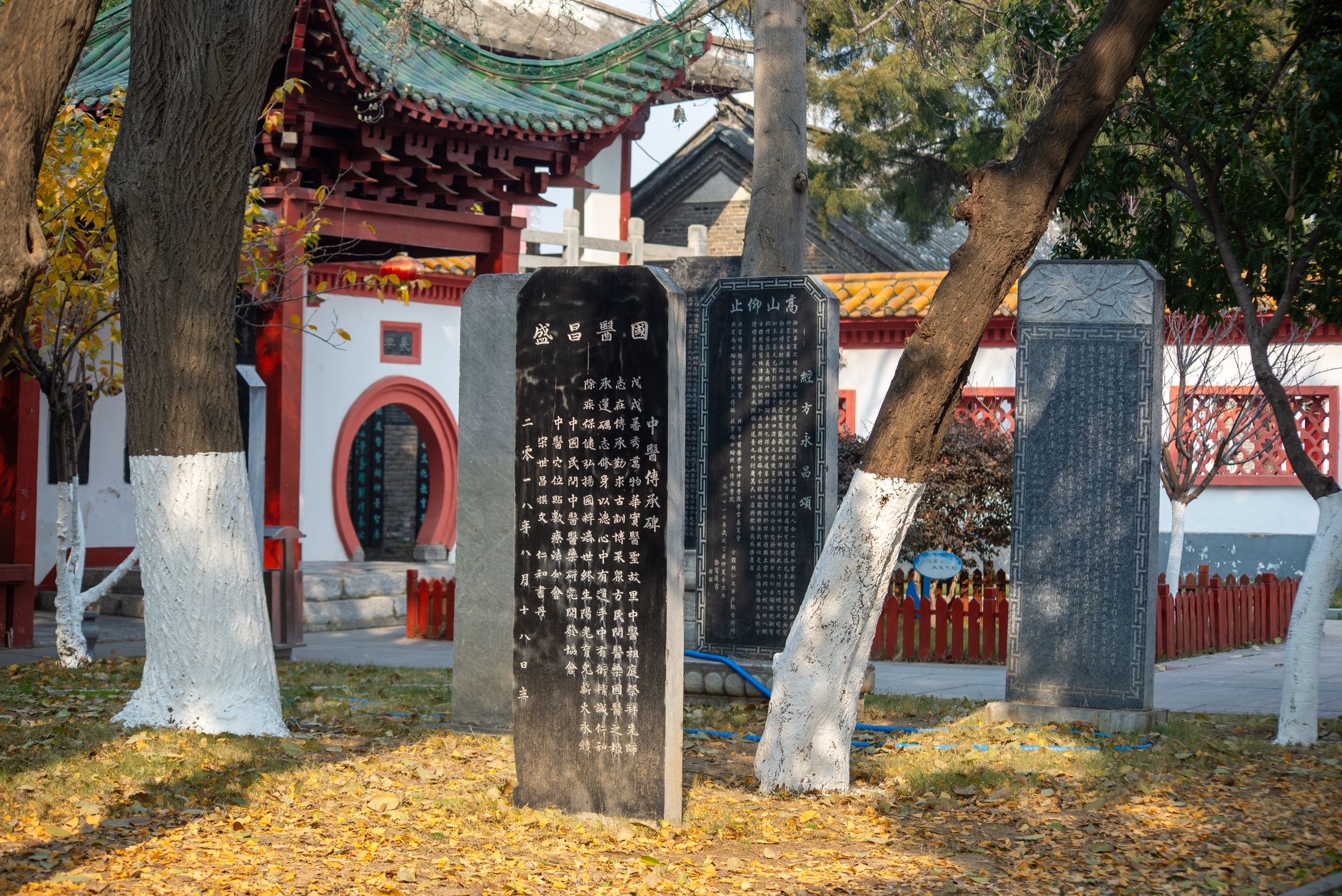 View of an ancient Chinese temple surrounded by historic stone tablets and autumn foliage, creating a serene atmosphere.