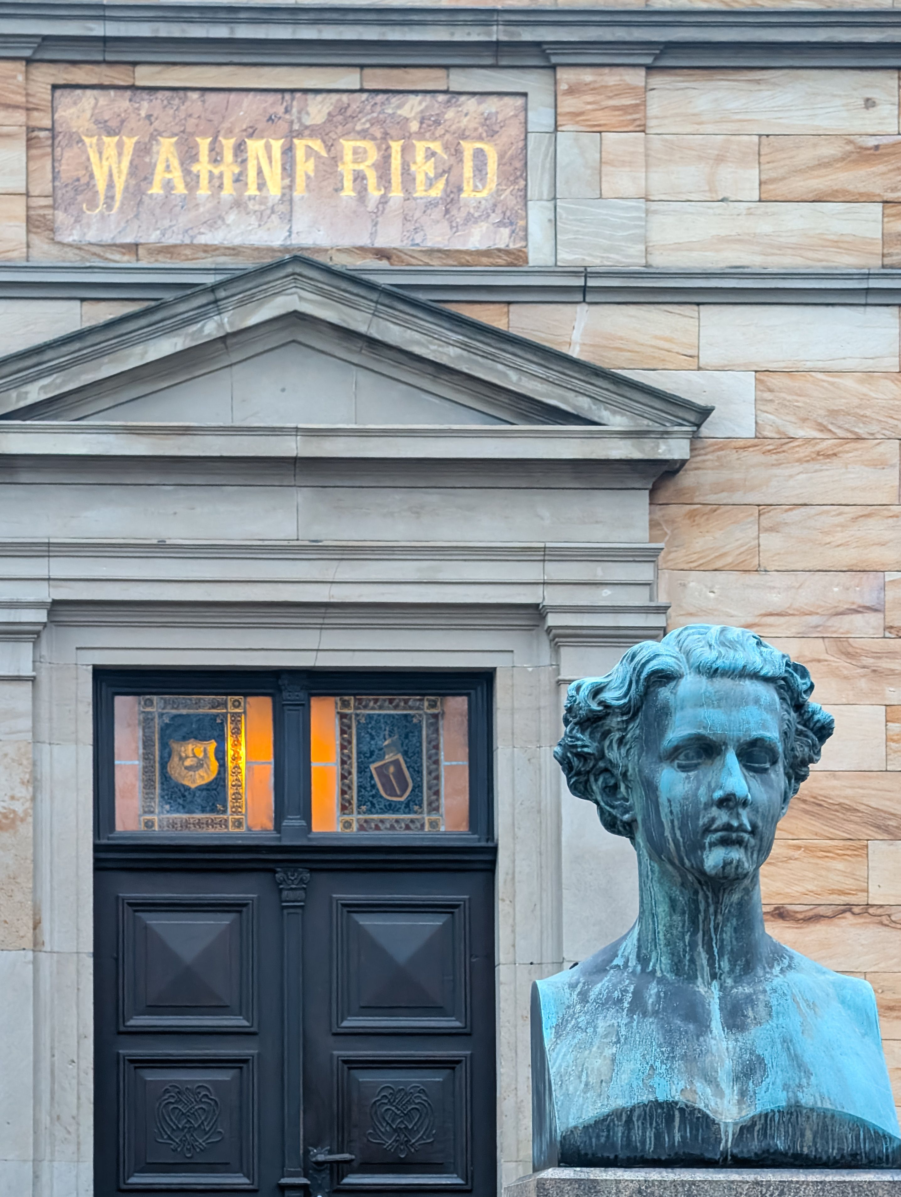 Front view of Wahnfried House with statue in Bayreuth, Germany.