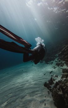 An adventurous scuba diver explores the ocean floor, surrounded by coral reefs and clear water.