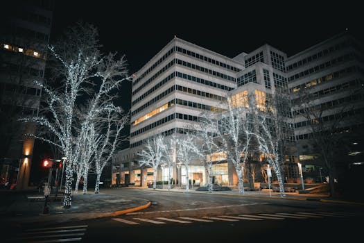 Modern city intersection adorned with sparkling light-wrapped trees during nighttime.