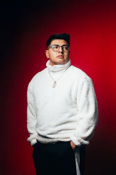 Portrait of a stylish young adult wearing a white sweater against a vibrant red backdrop.