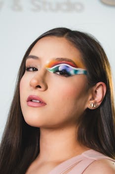 Close-up portrait showcasing a woman with striking, colorful eye makeup in a studio setting.