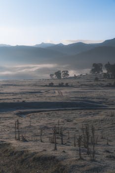 Stunning misty morning view of frosty landscape with distant mountains in Bolu, Türkiye.
