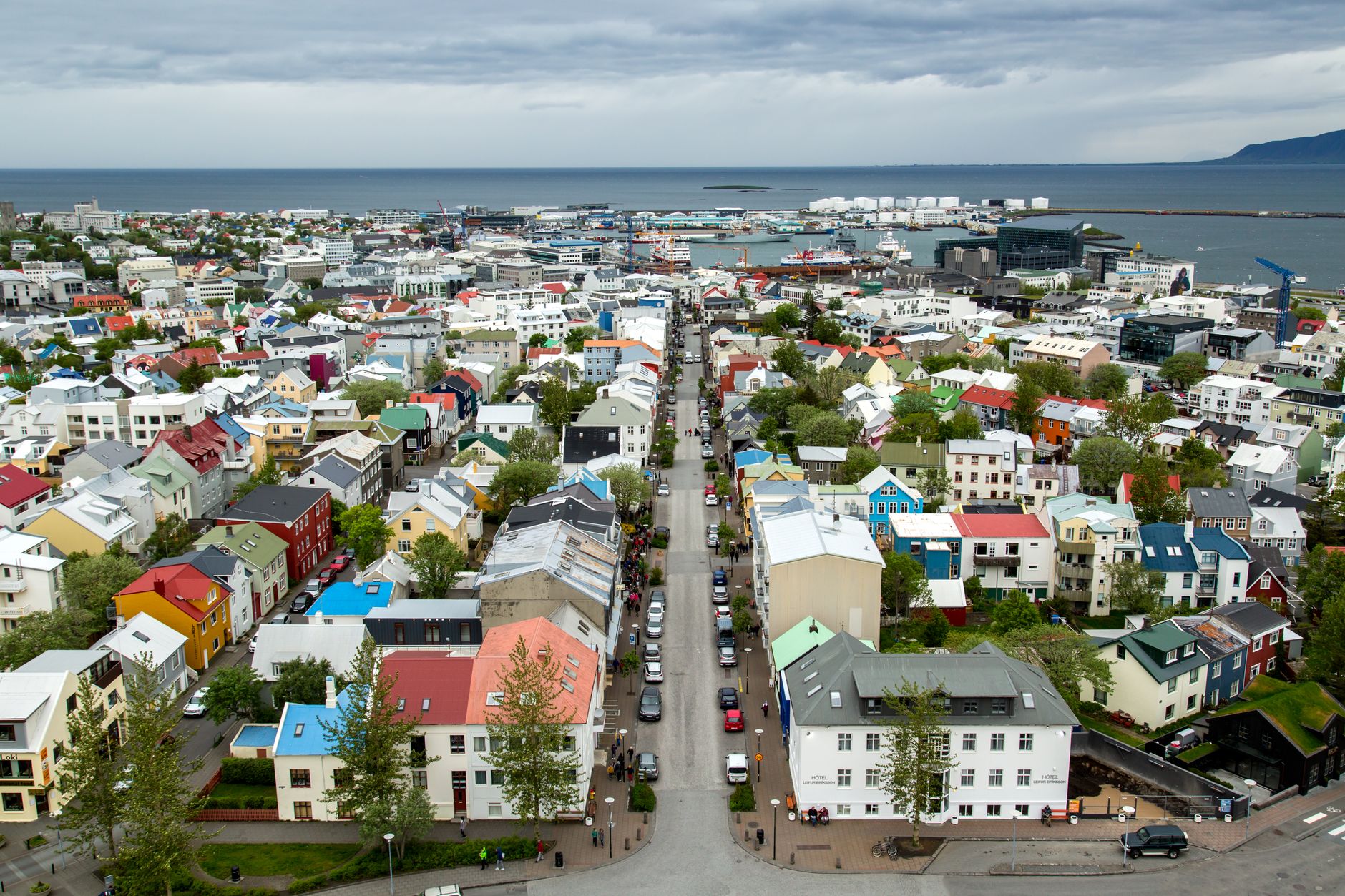 Colourful buildings and shops on Laugavegur