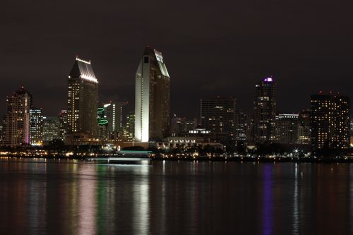 Free Beautiful night view of San Diego skyline reflecting on the water. Stock Photo