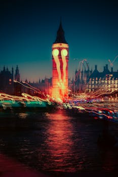 Dramatic long exposure capture of Big Ben at night with neon light trails.