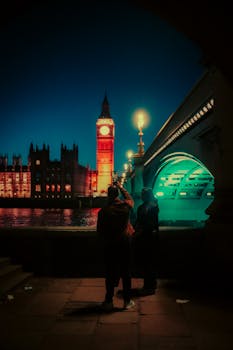 A moody London night scene featuring Big Ben, neon reflections, and urban atmosphere.
