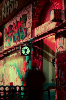 Captured in London, a neon-lit graffiti scene showcasing urban nightlife's vibrant colors.