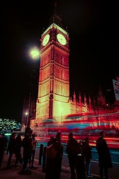 Stunning night photo of Big Ben in London with vibrant light trails and a moody atmosphere.