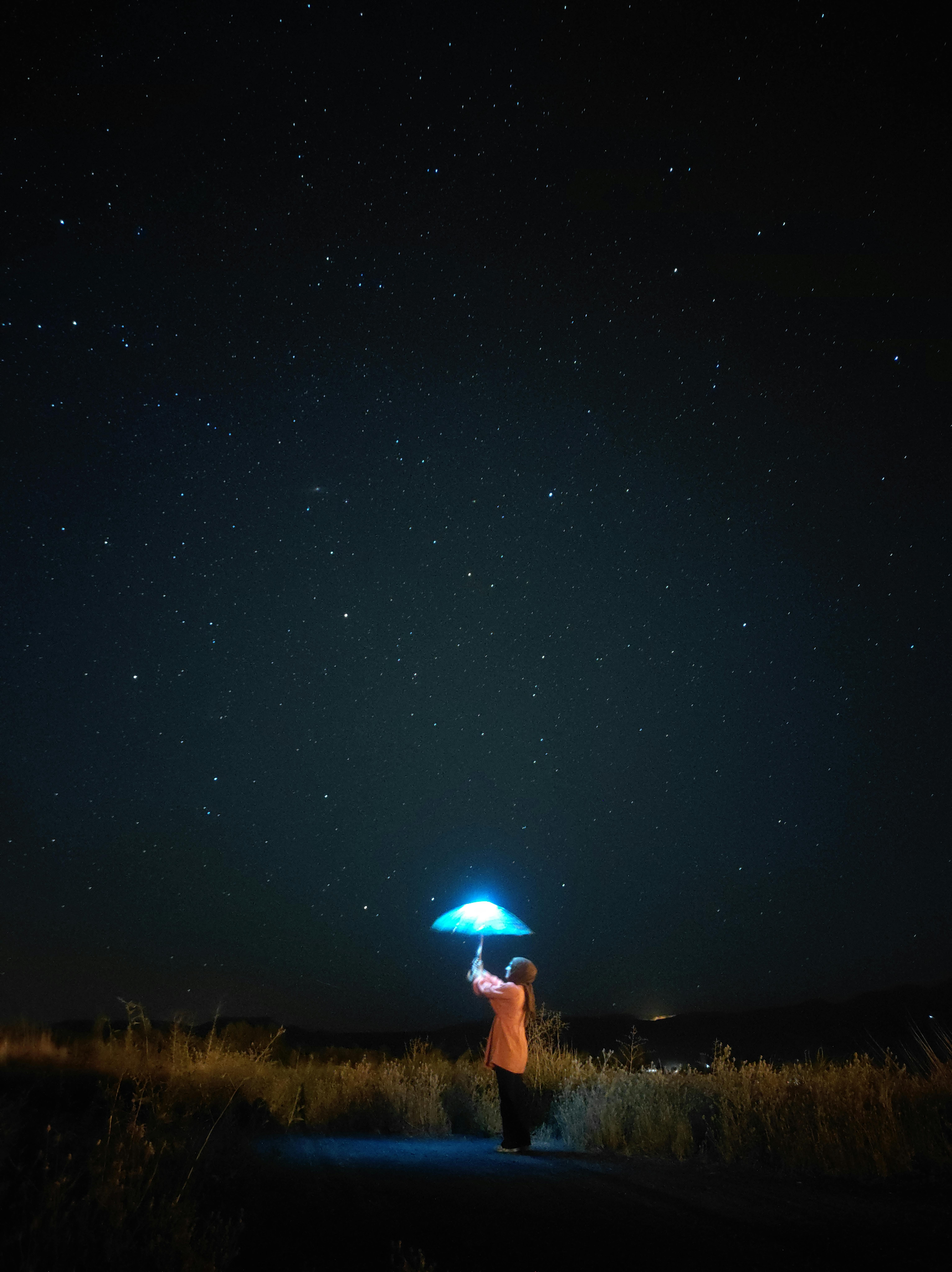 An enchanting scene of a person holding a glowing umbrella under a starlit sky.
