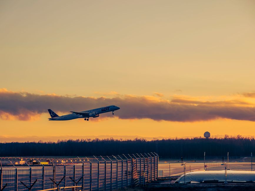 Exterior view of Riga International Airport terminal in Latvia