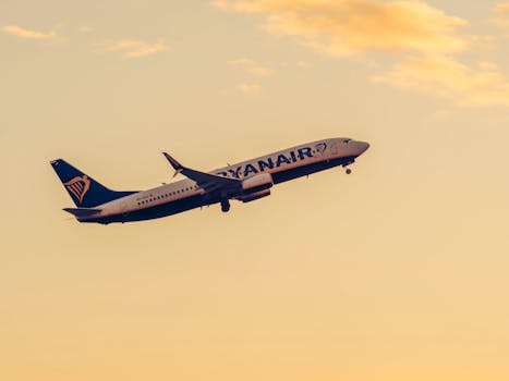 Silhouetted Ryanair airplane ascends against a warm sunset sky over Wrocław, Poland.