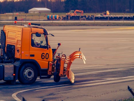 Orange maintenance truck on airport runway in Wrocław, Poland, during sunset.