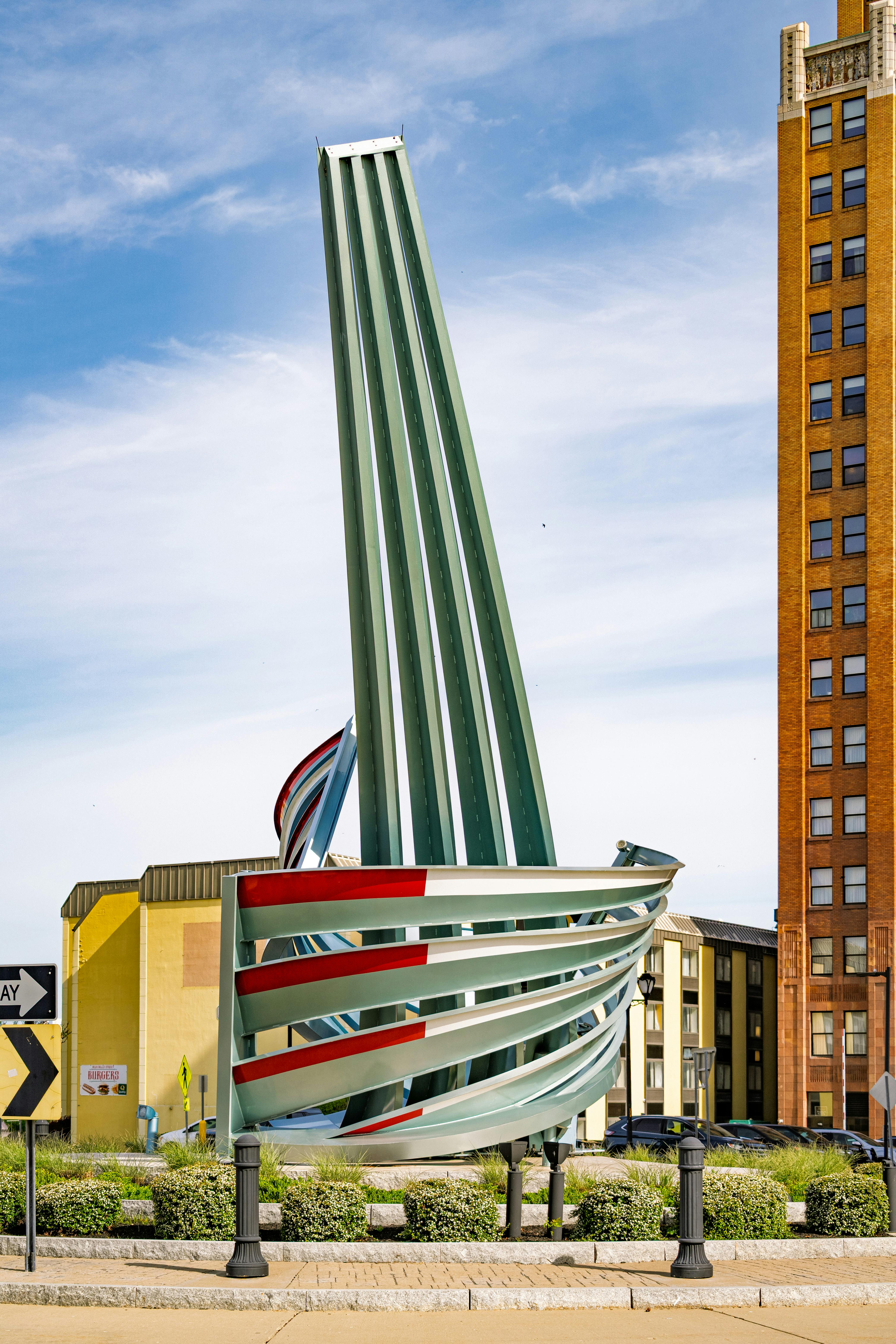 Modern metal boat sculpture in Niagara Falls, capturing urban art and architecture.