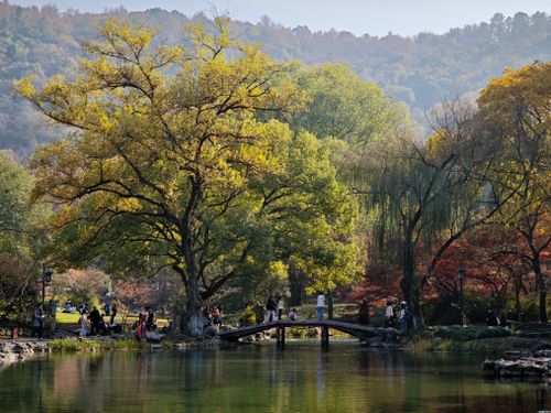 Free A tranquil park setting with people on a bridge, surrounded by colorful autumn foliage. Stock Photo