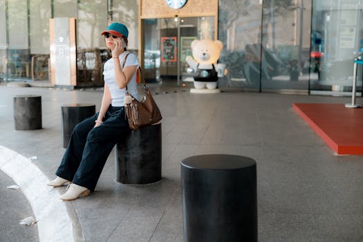 Stylish woman sitting on street furniture, talking on phone outside modern building.