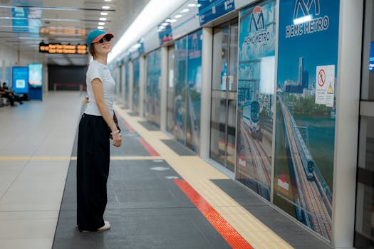 Smiling woman in modern metro station waiting by platform doors.