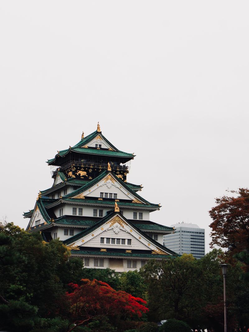 Osaka Castle surrounded by autumn foliage — moat and skyscraper backdrop