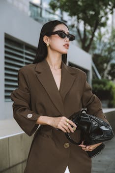 Stylish woman in sunglasses and blazer outdoors exuding confidence and modern fashion.