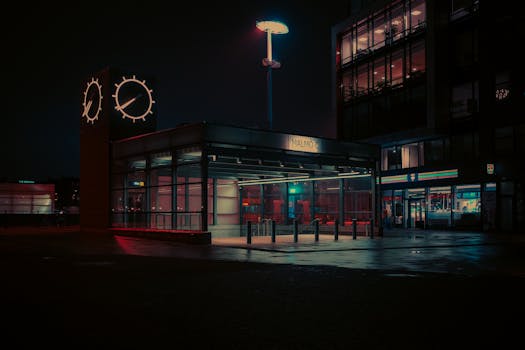 Atmospheric night view of Malmö C station with neon lights and reflections.