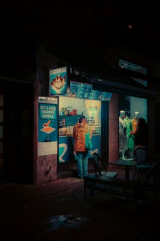 Dark and cinematic shot of a churros stand at night in Copenhagen, Denmark, with neon lights and rain reflections.