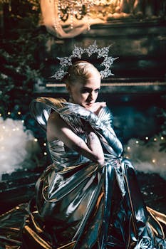 A mystical scene with a woman in a sparkling silver gown and snowflake tiara under dim lights.