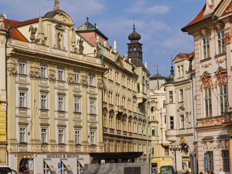 View of ornate historic buildings in Prague's old town, capturing architectural elegance.