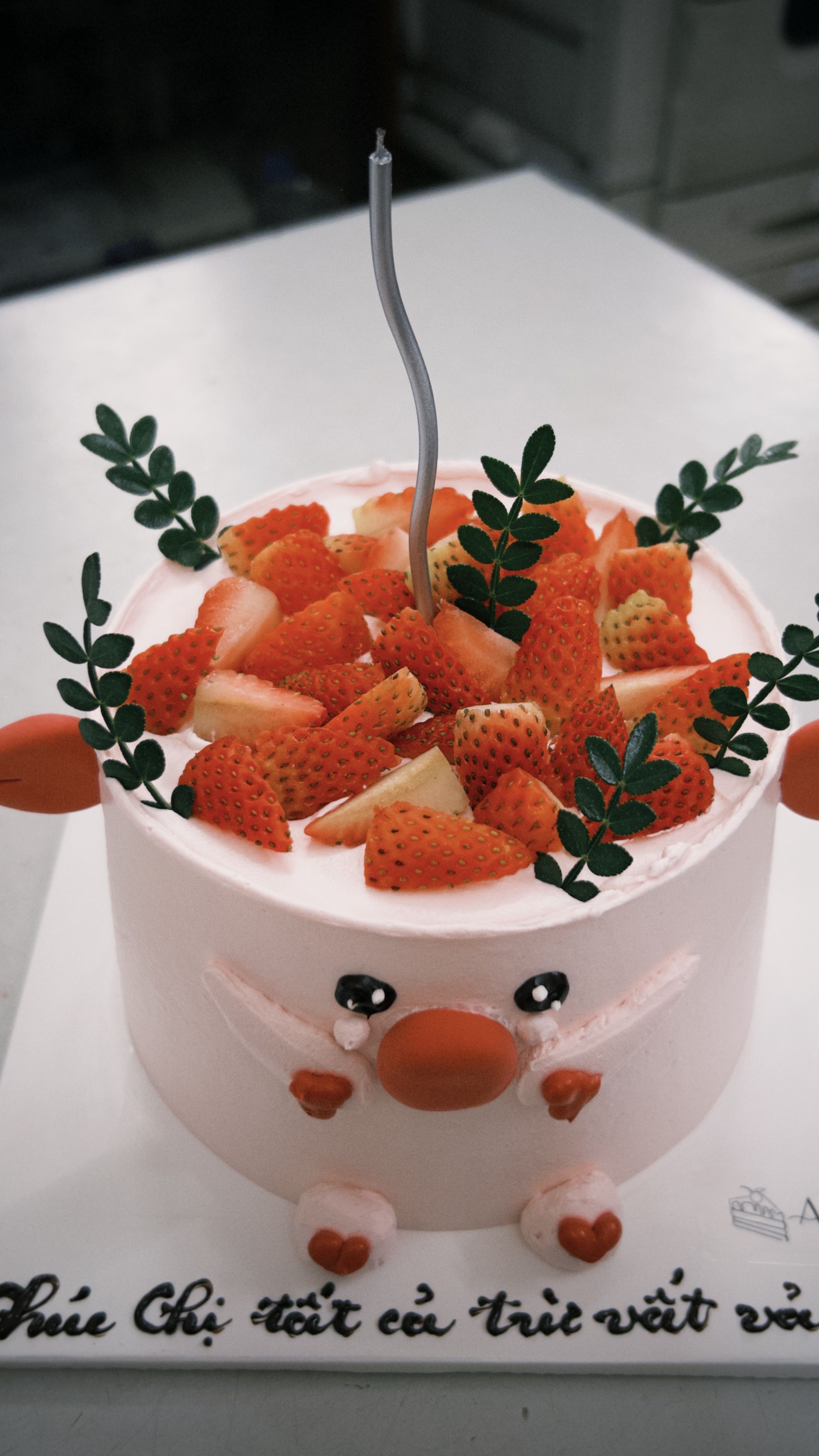 Adorable cake topped with strawberries and green foliage, featuring cute decorations and a single candle.