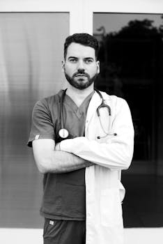 Black and white portrait of a serious doctor in Buenos Aires, Argentina, wearing uniform and stethoscope.