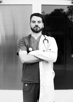 Classic black and white photo of a serious doctor in Buenos Aires hospital.