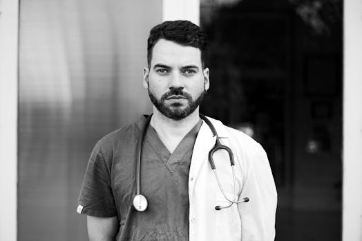 Monochrome portrait of a serious doctor with a stethoscope in Buenos Aires.