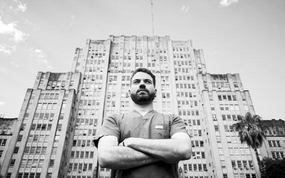 Black and white portrait of a serious doctor standing in front of a hospital in Buenos Aires.